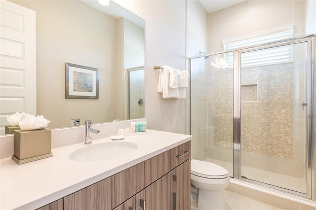 full bathroom featuring vanity, a shower stall, and toilet