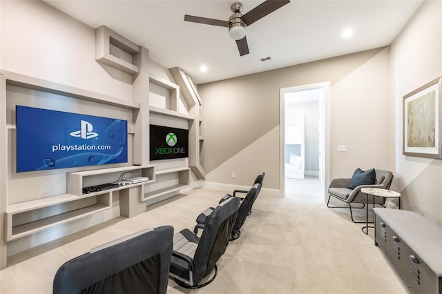 home office featuring carpet floors, recessed lighting, visible vents, ceiling fan, and baseboards