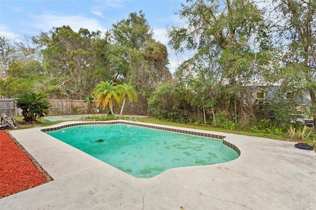 view of pool featuring a fenced backyard, a fenced in pool, and a patio