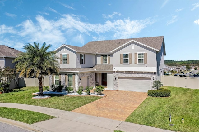 traditional home featuring a garage, decorative driveway, fence, and stucco siding