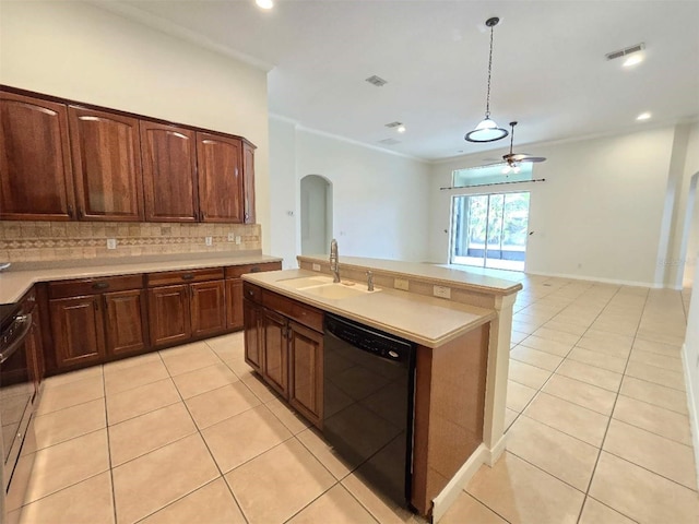 13413 Zori Ln, Windermere, FL 34786 - kitchen featuring black dishwasher, arched walkways, light tile patterned floors, light countertops, and recessed lighting