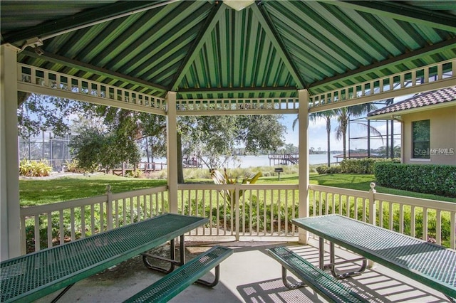 13413 Zori Ln, Windermere, FL 34786 - porch with a gazebo, a water view, and a lawn