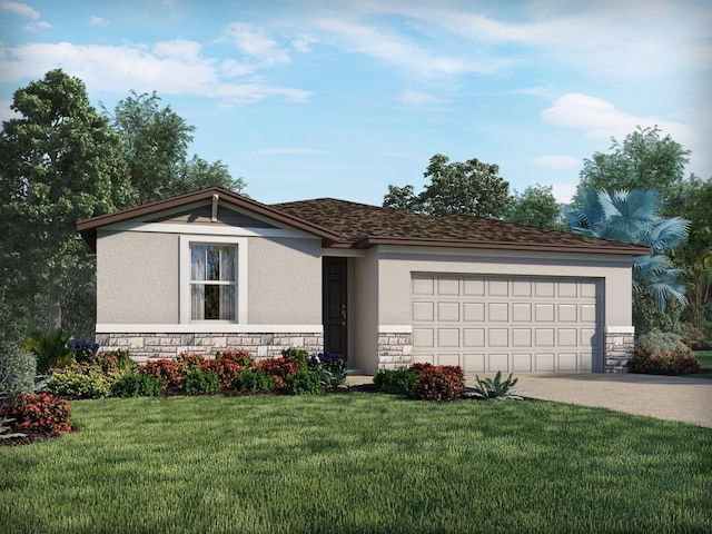 view of front of house with a front yard, stone siding, and stucco siding