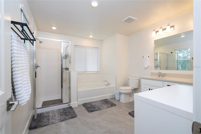 full bath featuring toilet, vanity, visible vents, a shower stall, and a bath