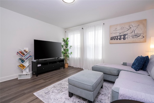 living area featuring baseboards and wood finished floors