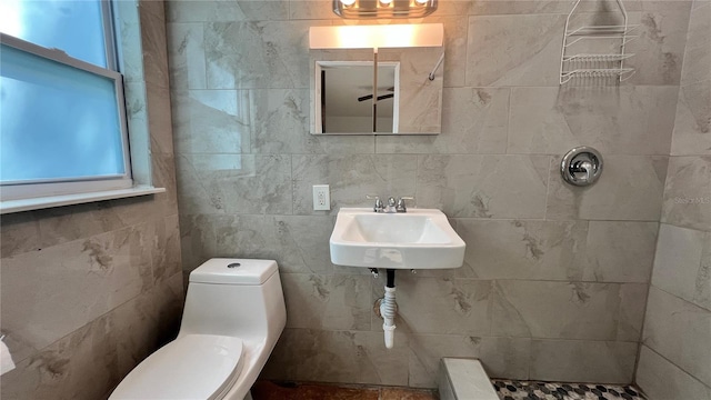 full bathroom featuring a wealth of natural light, tiled shower, a sink, and toilet