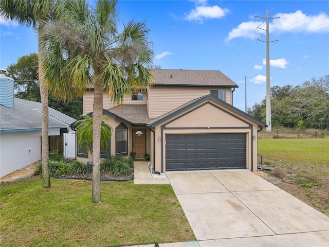 traditional-style home featuring concrete driveway, roof with shingles, an attached garage, a front lawn, and stucco siding