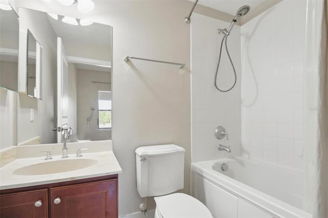 full bath with toilet, shower / bath combination with curtain, and vanity