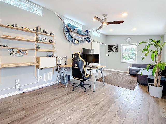 office area with baseboards, ceiling fan, wood finished floors, vaulted ceiling, and recessed lighting