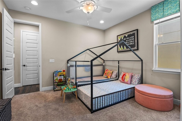 bedroom featuring carpet floors, recessed lighting, a ceiling fan, and baseboards