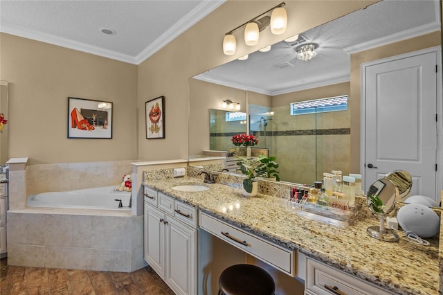 2541 Shoal Bass Way, Kissimmee, FL 34746 - bathroom featuring wood finished floors, vanity, ornamental molding, a stall shower, and a garden tub