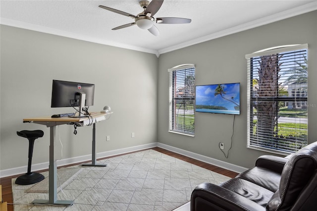 2541 Shoal Bass Way, Kissimmee, FL 34746 - living area featuring ceiling fan, ornamental molding, baseboards, and wood finished floors