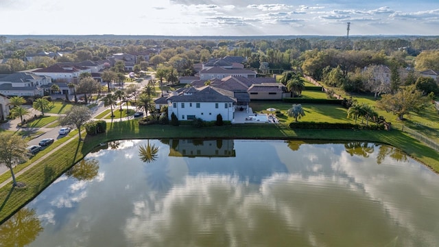 aerial view with a water view and a residential view