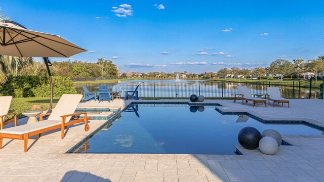 view of pool with a water view, a patio area, fence, and a fenced in pool