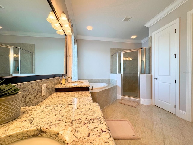 full bath featuring ornamental molding, a shower stall, and a bath