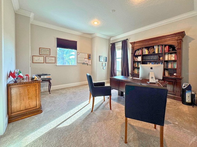 carpeted office with a textured ceiling, baseboards, and crown molding