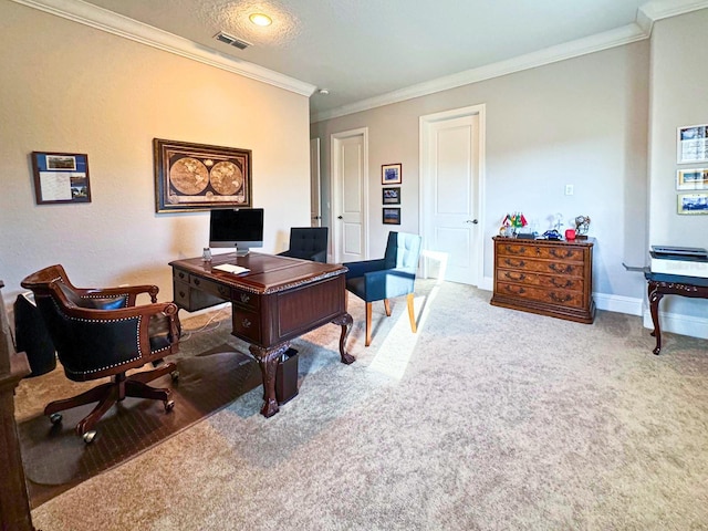 office featuring a textured ceiling, carpet floors, visible vents, baseboards, and crown molding