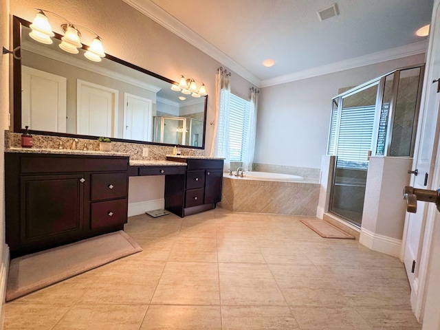 full bathroom featuring a garden tub, crown molding, visible vents, a stall shower, and vanity