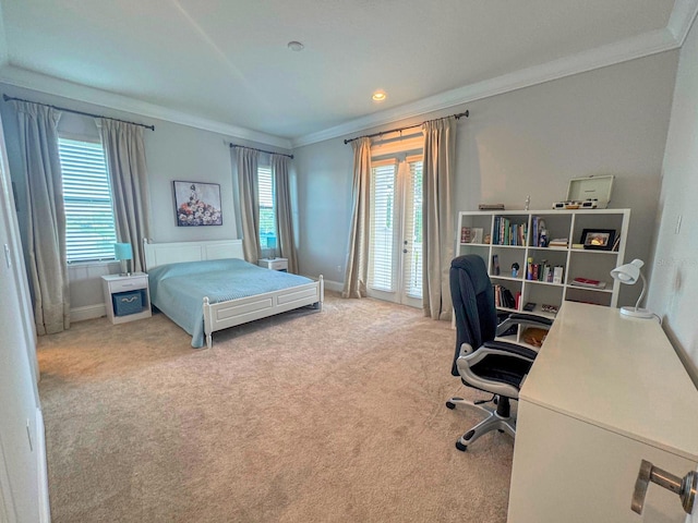 bedroom with recessed lighting, ornamental molding, carpet flooring, access to outside, and baseboards