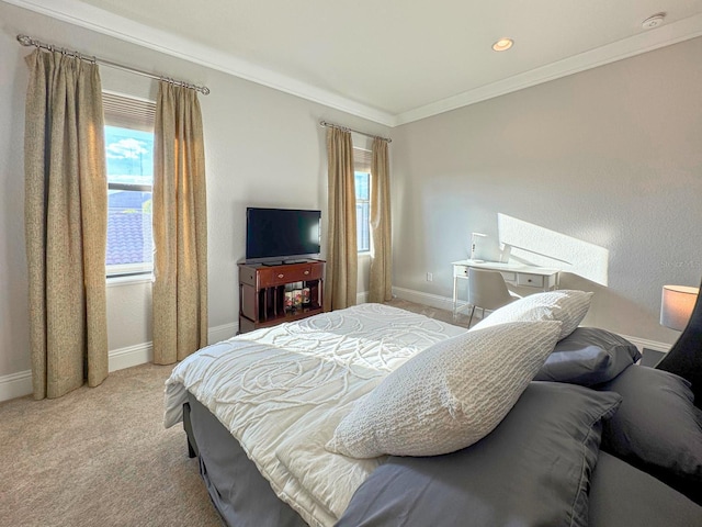 carpeted bedroom featuring ornamental molding, recessed lighting, multiple windows, and baseboards