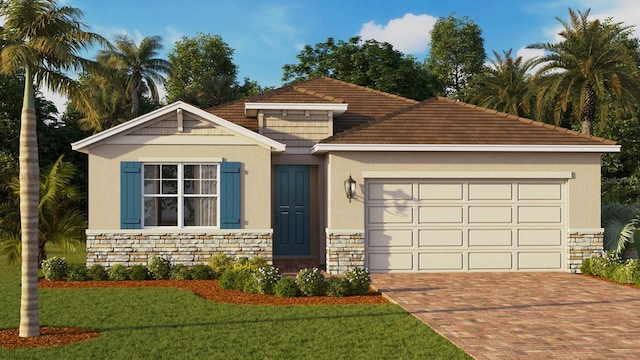 view of front of home with decorative driveway, stucco siding, an attached garage, a front yard, and stone siding