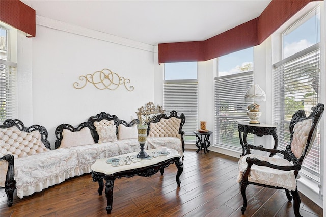 living room with wood-type flooring and crown molding