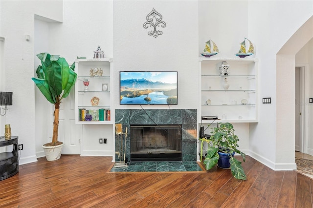 living area featuring baseboards, wood finished floors, and a fireplace