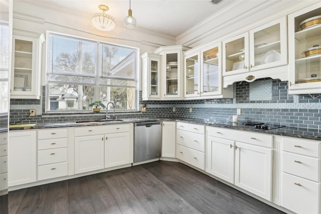 kitchen featuring decorative backsplash, dark wood-style floors, white cabinetry, black electric cooktop, and stainless steel dishwasher