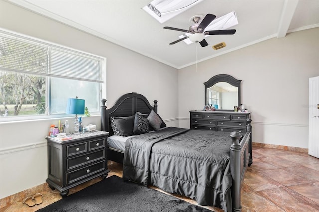 bedroom featuring visible vents, baseboards, a ceiling fan, and ornamental molding