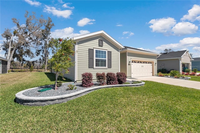 single story home featuring concrete driveway, an attached garage, and a front lawn