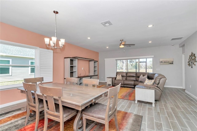 dining space featuring recessed lighting, baseboards, visible vents, and wood tiled floor