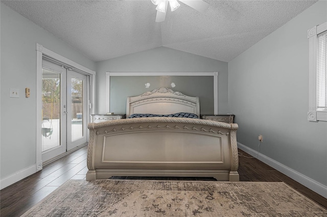 bedroom with lofted ceiling, a textured ceiling, ceiling fan, access to outside, and dark wood-style floors