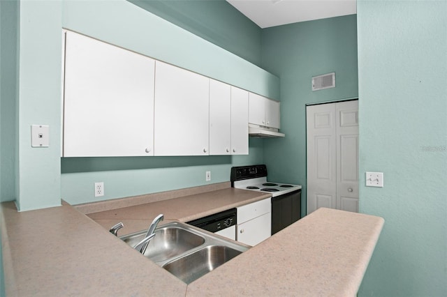 kitchen with light countertops, visible vents, electric range oven, a sink, and under cabinet range hood