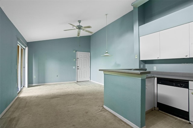 kitchen featuring white cabinetry, light carpet, ceiling fan, dishwasher, and baseboards