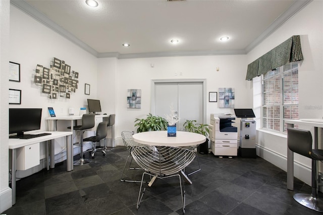 office space with baseboards, crown molding, and recessed lighting