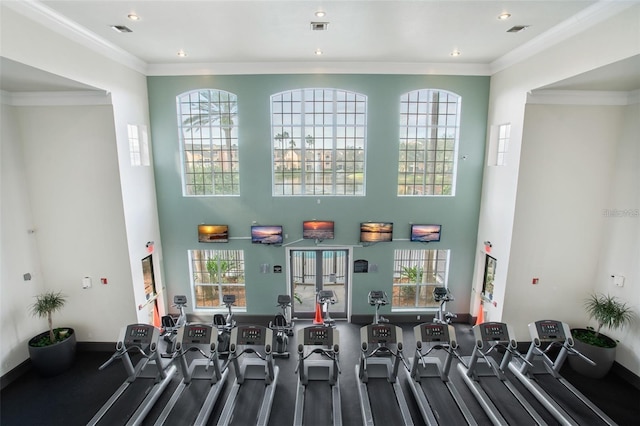 workout area with a healthy amount of sunlight, crown molding, and visible vents