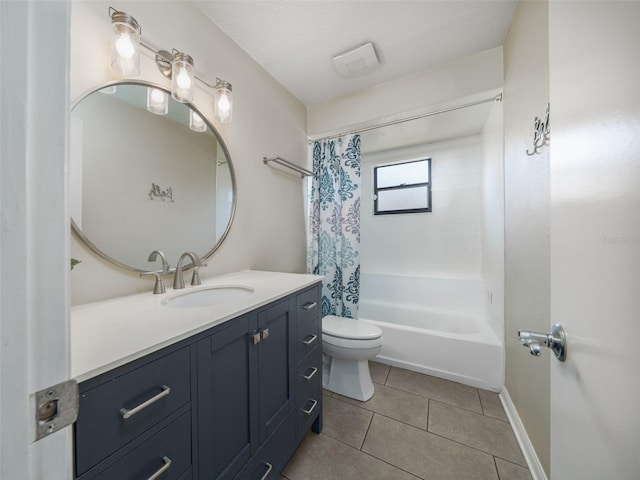 bathroom with toilet, vanity, baseboards, tile patterned floors, and shower / bathtub combination with curtain