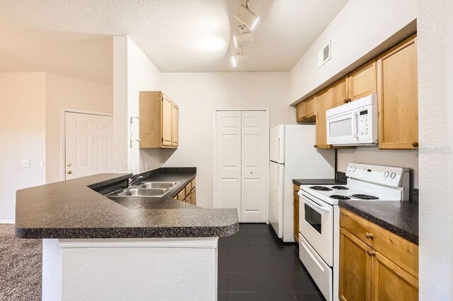 kitchen with dark countertops, white appliances, a peninsula, and a sink