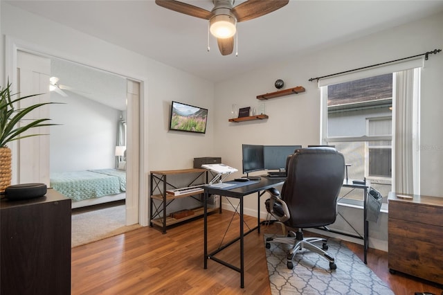 office with ceiling fan and wood finished floors