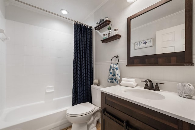 full bathroom with vanity, toilet, crown molding, and shower / bathtub combination with curtain