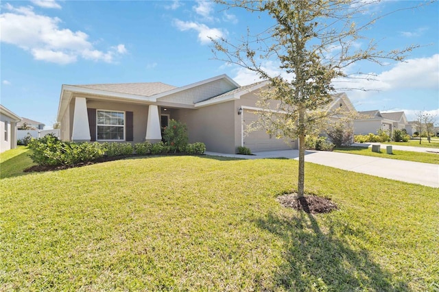 single story home with concrete driveway, an attached garage, a front lawn, and stucco siding