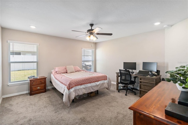 carpeted bedroom with recessed lighting, a ceiling fan, and baseboards