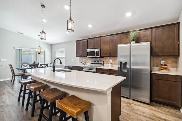1575 Eucalyptus Way, Davenport, FL 33837 - kitchen featuring appliances with stainless steel finishes, decorative backsplash, vaulted ceiling, light wood-type flooring, and recessed lighting