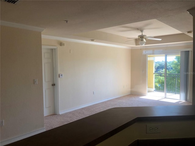 spare room featuring ceiling fan, baseboards, ornamental molding, carpet, and a raised ceiling