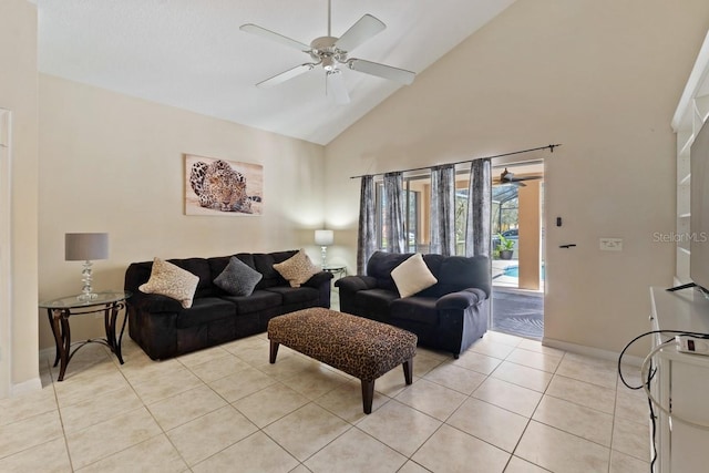 living room featuring light tile patterned floors, ceiling fan, high vaulted ceiling, and baseboards