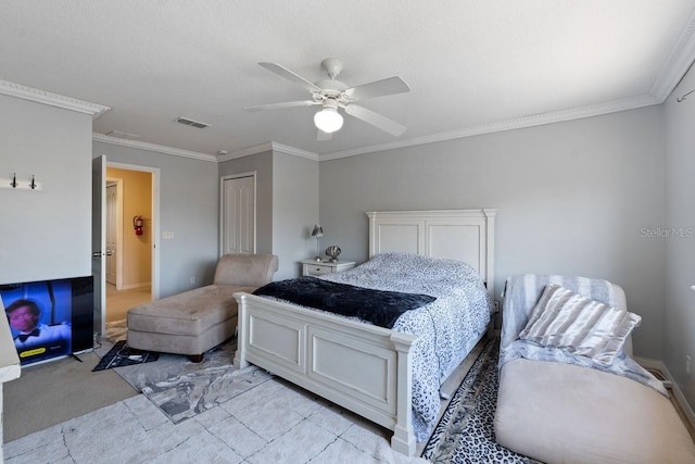 bedroom featuring light colored carpet, visible vents, ornamental molding, ceiling fan, and baseboards