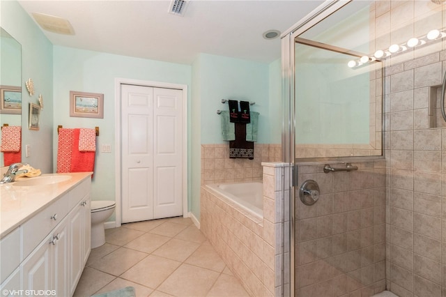 bathroom featuring a stall shower, visible vents, toilet, tile patterned floors, and vanity