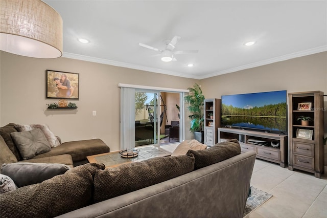 living area with light tile patterned floors, ceiling fan, ornamental molding, and recessed lighting