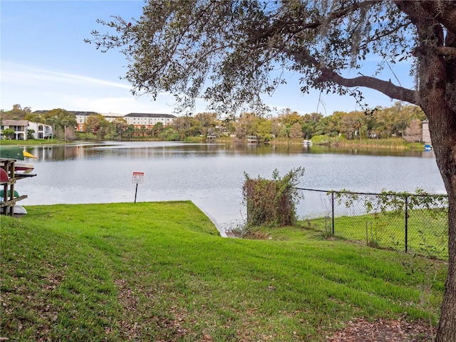 property view of water featuring fence