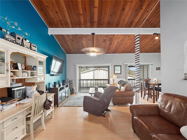 living room with light wood-type flooring, wood ceiling, and lofted ceiling with beams